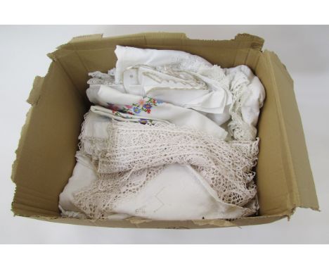 Vintage fine cotton table cloth with deep lace border and central circle and cut and drawn thread detail, and a smaller simil
