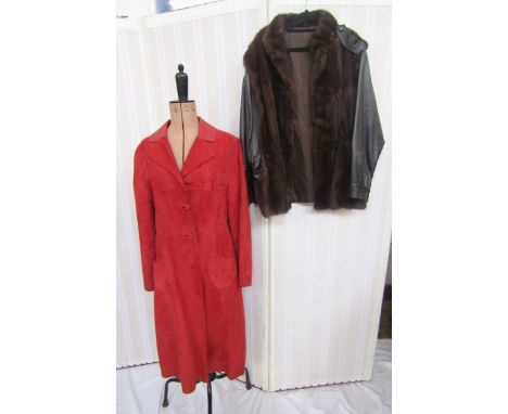 A red suede coat, labelled Heatona, Suedalope lamb suede leather, Strong and Fisher England, suede button fastening, pocket d