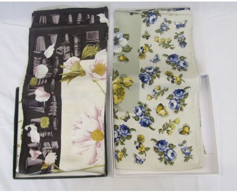 Longchamp silk scarf - pale pink peonies on a cream ground with black border showing gardening pots, in original box, tissue 
