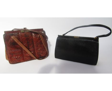 Two vintage handbags, black lizard skin, with gilt metal hardware, single strap, bearing label Mappin and Webb, and alligator