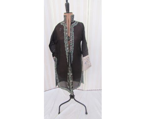 Vintage Chinese robe - bought in the mid 1930's, black open work silk, with embroidered detail to the hems and split sides, t