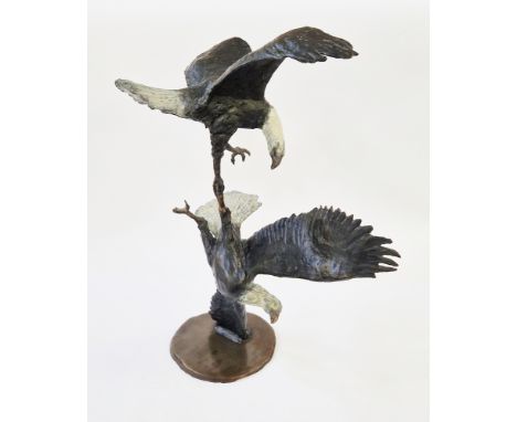 Belinda Sillars (b.1961), large&nbsp;chocolate patinated&nbsp;bronze of two sea eagles fighting mid flight, heightened with w