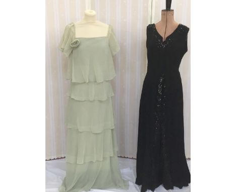Various vintage dresses of different eras - 1920's/'30's bias cut crepe black gown with sequin detail to the bodice and fisht