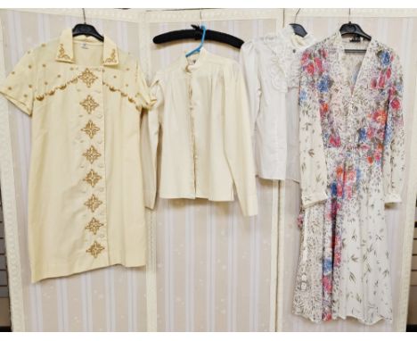 Vintage polyester dress, labelled Shubette, size 12, flower print on a cream ground, v-neck with white button detail to the b