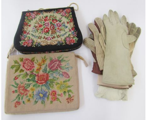 Vintage petitpoint evening bag, depicting roses, fixed frame, gilt metal hardware, a faux agate clasp and gold coloured chain