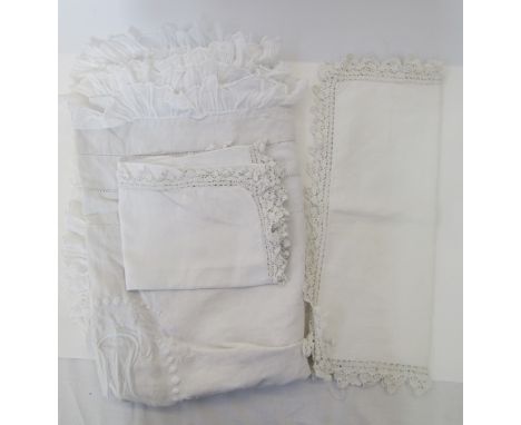 Child's monogrammed linen eiderdown cover with fine lawn filled edge and drawn thread work, and a pair of cotton pillow cases