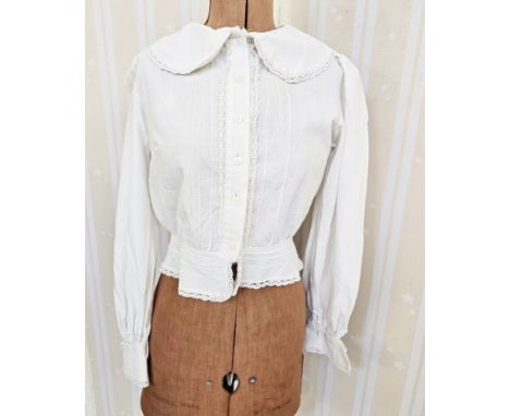 A Vintage Laura Ashley white cotton blouse, labelled Laura Ashley Made in Wales, sailor collar, crochet trimmed, pin tucked f