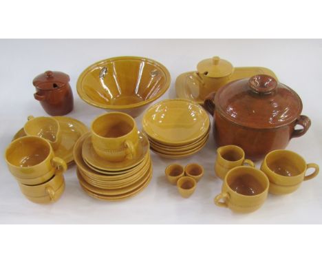 Hoganas Keramik, Sweden, 'Old-Hoganas' pattern part tea service with yellow glaze, together with a pottery bowl decorated wit