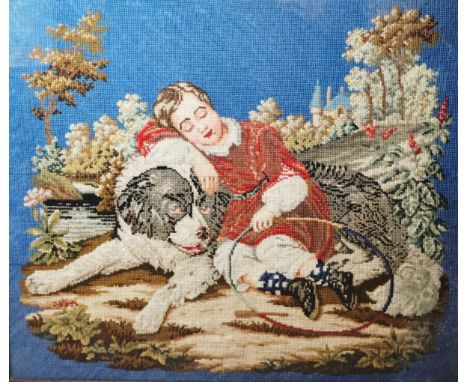 A Victorian tapestry/needlepoint work, depicting a child asleep with a St. Bernard dog, holding his hoop, wearing a velvet dr