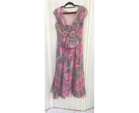 Various vintage evening dresses to include, pink, greys other colours printed chiffon evening dress with shawl collar and two