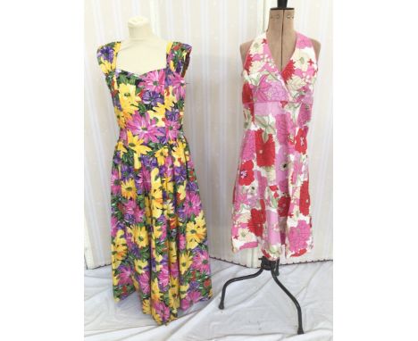 1970's cotton, floral maxi dress, with straps and bows to the back with a vintage Monsoon halter neck cotton mini dress (2)