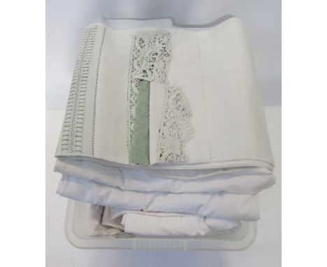 Pair of heavy monogrammed bed covers with drawn thread and crochet border, linen tablecloth, quantity of other linen napkins 