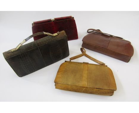 Two vintage Mappin and Webb lizard skin handbags, fixed frame, gilt metal hardware, single strap handles, one brown, the othe