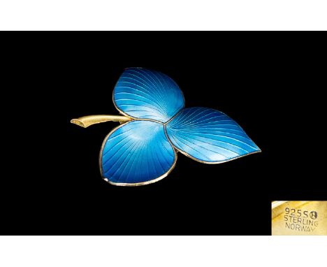 Sterling Silver Vintage Norwegian Guilloche Enamel Leaf Brooch Marked to underside 9255 R Sterling Norway. The whole in the f