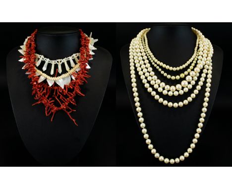 A Collection Of Vintage Costume Jewellery Nine items in total to include two 1950's coral necklaces, long faux pearl necklace