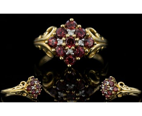 Ladies 9ct Yellow Gold Tourmaline Attractive and Diamond Cluster Ring, with Scroll Design Open Shoulders. Nice Quality Stones