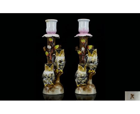 German Mid 19th Century Attractive and Novelty Pair of Hand Painted - Porcelain Figural Ceramic Candlesticks, Each In The For