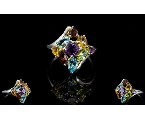 Ladies - Nice Quality Multi - Gem Set Silver Dress Ring, Set with Peridots, Amethysts, Aquamarine and Topaz, All of Excellent