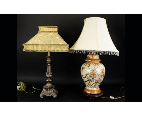 Modern Table Lamps one with a ceramic cream base decorated with butterfly and floral decoration and with a cream shade, plus 