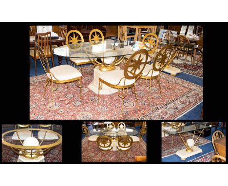 Contemporary Glass And Gilded Metal Dining Suite And Accompanying Console Table Each with Compass Star design, the table with