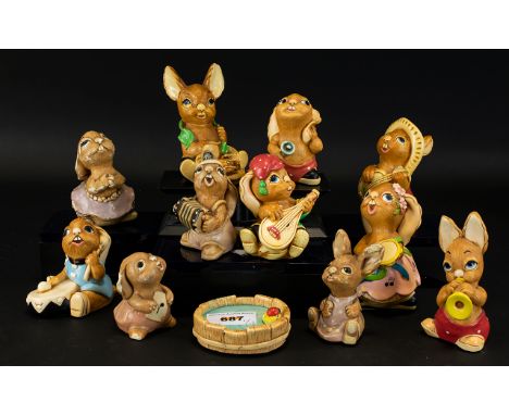 Collection of Pendelfin Musician Ceramic Figures. Includes Various Rabbit Figures, Some More Rare, Includes Bongo No 916722, 
