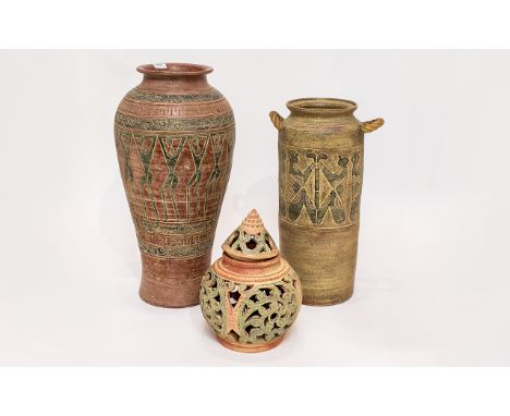 Two Large Painted Terracotta Vessels Contemporary floor standing urn shaped vase with repeated scroll and figurative design t