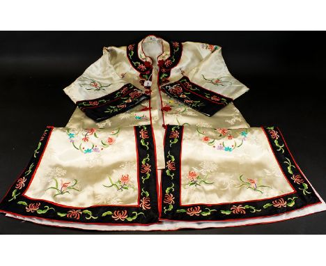Vintage Chinese Embroidered Robe Cream floral jacquard poly-satin 1950's robe with three quarter wide fluted sleeves, side ve