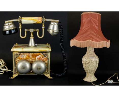 Onyx Telephone. Metal Mounts. Together With A Table Lamp And Shade.