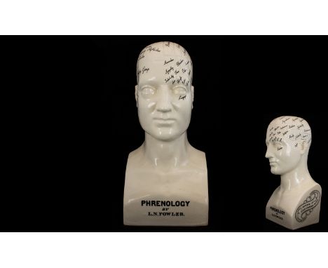 Antiqued - Ceramic Phrenology / Medical Life-Size Head / Bust, by L.N. Fowler. c.1950's / 1960's. Crackle Glaze Finish. Loren