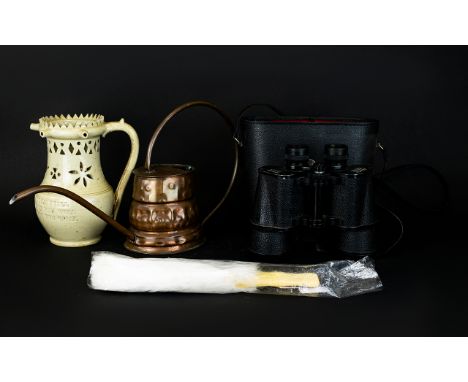 Collection Of Collectables To Include Puzzle Jug, Copper Watering Can, Fan and Binoculars.