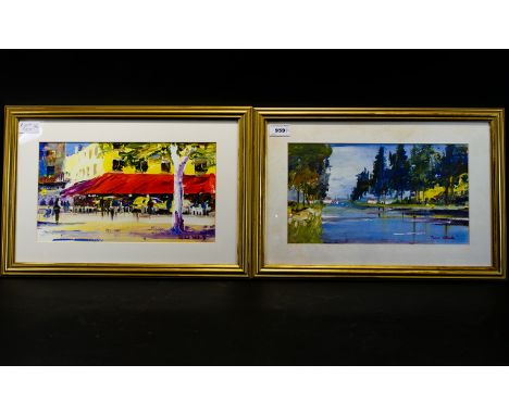 R L Valente - Two Acrylic On Board Paintings, Parisian Scenes, Both Signed Lower Right, 7.5 x 13 Inches, Glazed, Mounted And 
