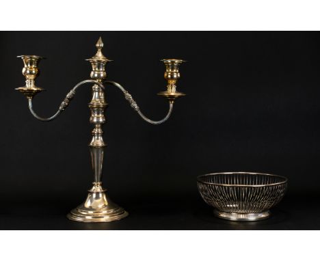 A Two Branch Three Light Silver Plated Candelabrum Silver plate on copper, impressed mark to base 'viners' Height, 10 inches.