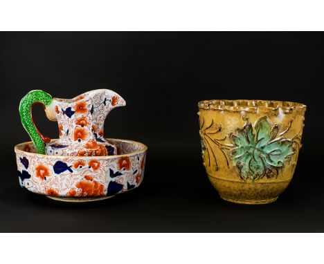 Italian Jardiniere Height 9 Inches. Together With an Iron Stone Basin And Jug. 