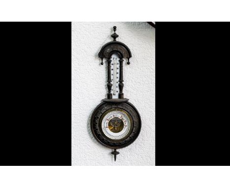 Early 20th Century Well Carved Wooden Wall Hanging Barometer, Combined with Porcelain Thermometer - Please See Photo. 22 Inch