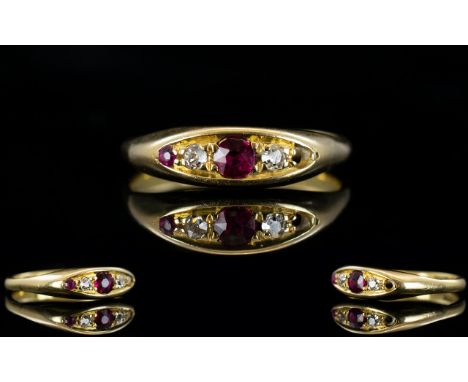 Antique Period 18ct Gold Diamond and Ruby 3 Stone Dress Ring. Marked 18ct. Ring Size - L. Please See Photo. 