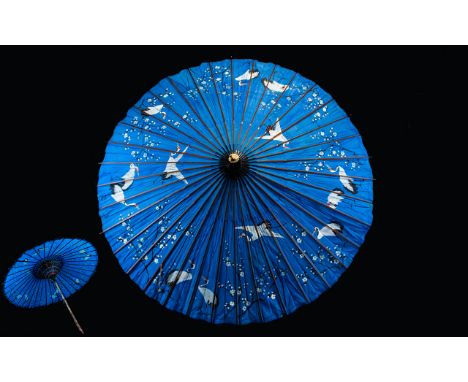 A Vintage Oriental Silk And Bamboo Parasol Circa 1930's Comprising Cobalt Blue Canopy. Intricately Hand Painted With Traditio