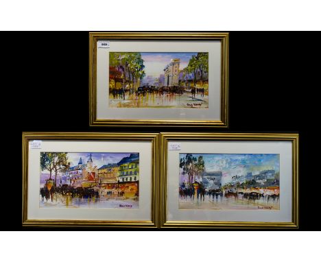 R L Valente - Three Acrylic On Board Paintings, Parisian Scenes, All Signed Lower Right, 7.5 x 13 Inches, All Glazed, Mounted