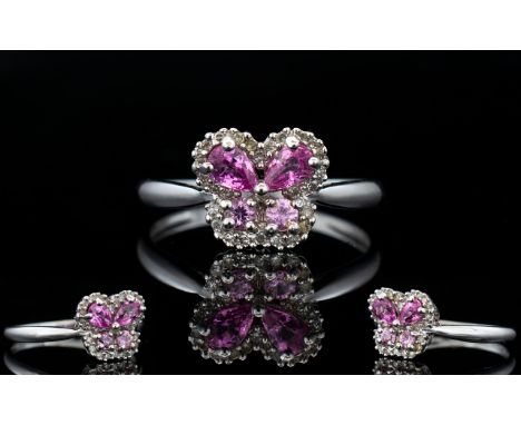 Ladies 9ct White Gold Butterfly Ring, Set with Pink Diamonds of Pear Shape. Fully Hallmarked. Ring Size - R. As New Condition