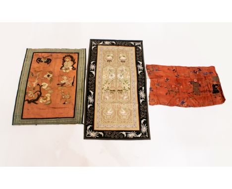 A Collection Of Antique Oriental Textiles Three items in total, each circa early 20th century. Includes small raw silk panle 