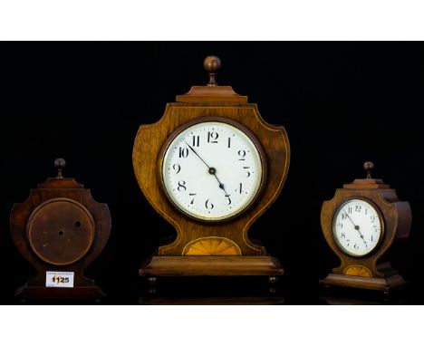 Art Nouveau Walnut Cased Key-wind 8 Day Table Clock. Wonderful Shape with Marquerty and String Banding to Front of Clock. Fea