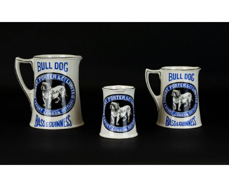 British Bulldog Interest A collection of three Robert Porter and Co Limited Ceramic Tankards in decreasing size, white ground