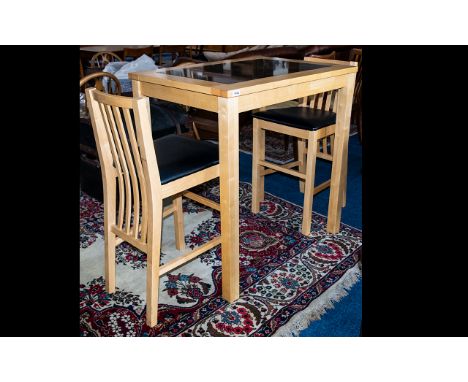 Modern Breakfast Bar with Matching Stools, light wood frame with black insert detail to bar and black leatherette seat to sto