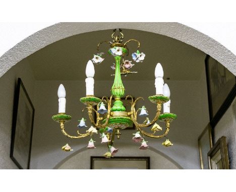 Continental Vintage Five Arm Brass And Ceramic Floral Chandelier A large chandelier with original central brass acanthus leaf