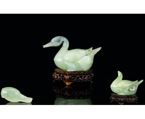Chinese Pair of Hand Carved Early 20th Century Natural Celadon Jade Mandarin Duck Figures / Sculptures. Each Raised on a Fine