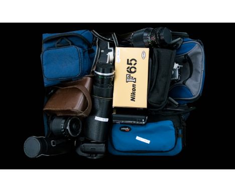 Photography Interest A Mixed Collection Of Cameras And Associated Equipment To Include A Variety Of Nylon Camera Bags. Camera