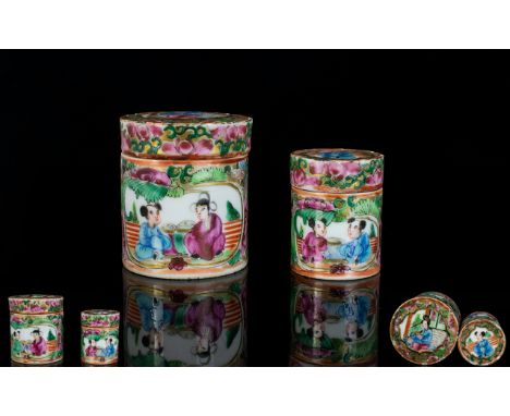 Chinese - Late 19th Century Pair of Ceramic Hand Painted Enamel Cylindrical Shaped Lidded Miniature / Small Jars - Profusely 