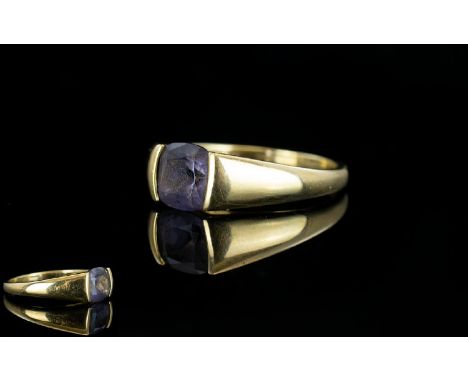 Ladies - 9ct Gold Single Stone Amethyst Dress Ring, The Amethyst Is of Dark Colour. Est 1.00 cts. Ring Size - R. Fully Hallma