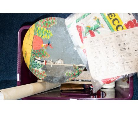 Large Box of Collectables. Includes Round Mirror, Decorated with a Lady In Her Garden Carrying a Basket, Merrano Box - Not Co