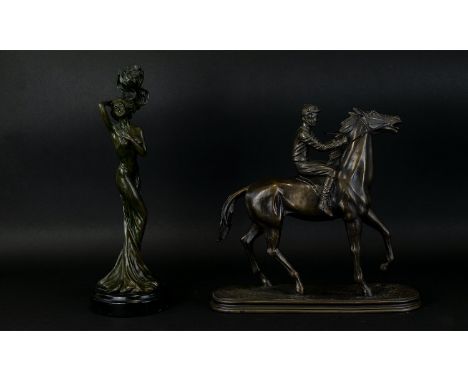 2 Bronzed Figures, Comprising 1/ Jockey and a Horse Galloping, Mounted on Plinth. Approx 12 Inches High. 2/ Classical Maiden 