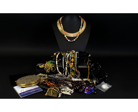 A Collection Of Costume Jewellery A varied collection to include several necklaces, vintage powder compact, French jet neckla